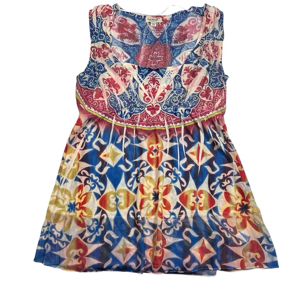 One World M Red Blue Layered Babydoll Top Rhinestone Boho Bling Y2K Fairy